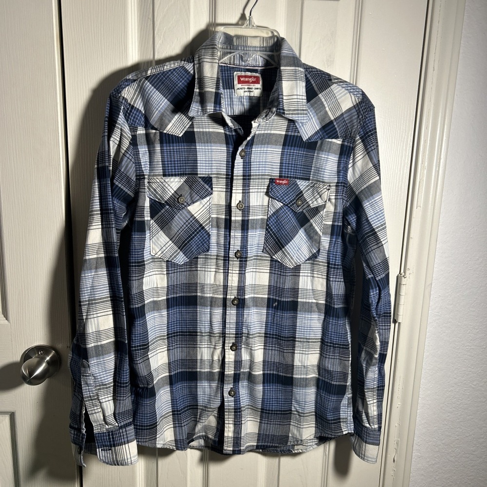 Wrangler Blue Plaid Shirt Long Sleeve Men M Western Style